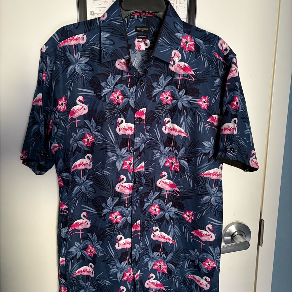 Rosso Milano Blue Floral Short Sleeve Button-Up Shirt Men's XL - Picture 6 of 8